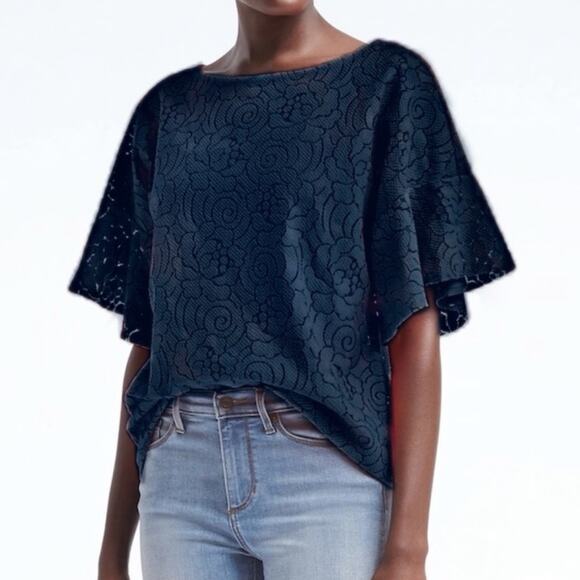 Banana Republic Tops - SOLD 💕Banana Republic Navy Blue Lace Flutter Sleeve Top Size Small